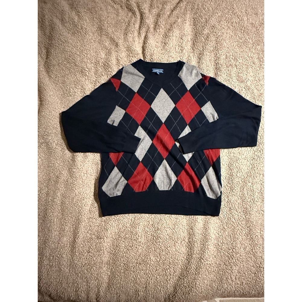 Croft & Barrow Argyle Sweater Men's L Navy Knit Pullover Long Sleeve